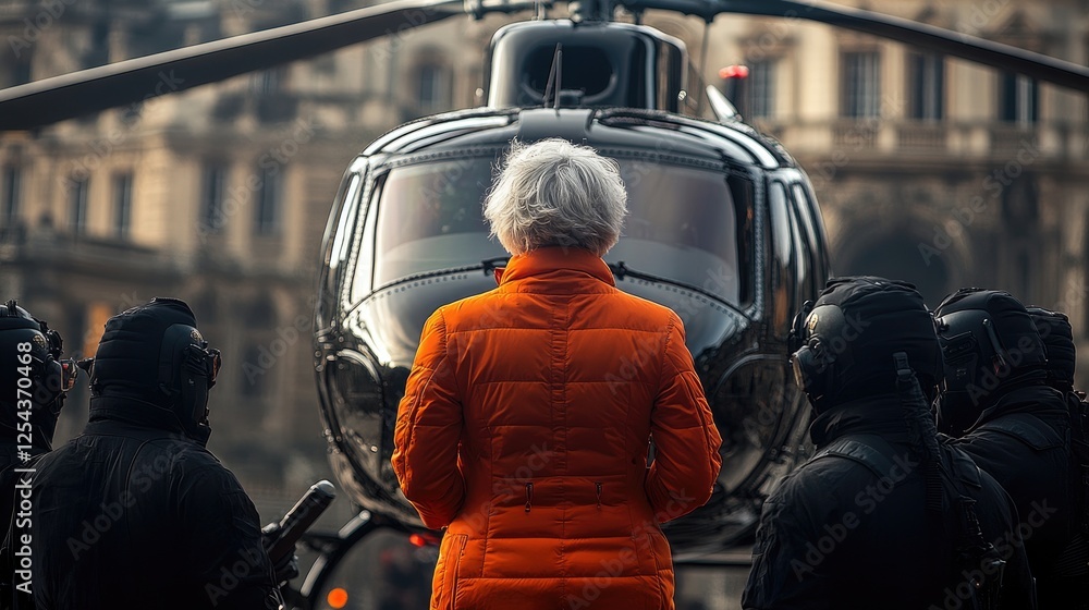 Fototapeta premium Woman in Orange Jacket Awaits Helicopter Arrival