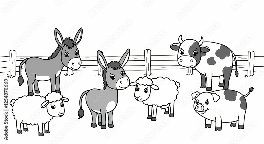 Obraz premium farm animals cute donkey horse sheep cow and pig simple thick lines kids or children cartoon coloring book pages clean drawing can be vectorized to illustration easily generative ai