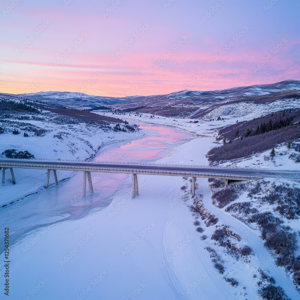 Naklejka premium Winter River Bridge Sunset