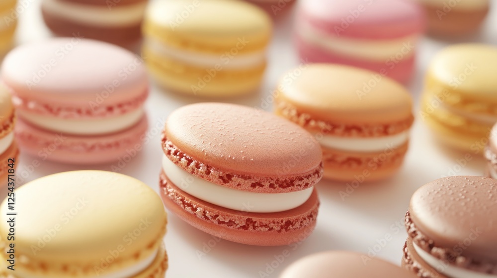 Obraz premium Colorful macarons on white background, sweet treat, bakery, food photography, dessert, website banner