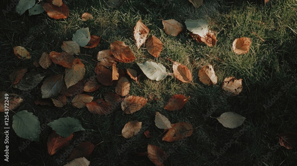 Fallen autumn leaves on grass in sunny morning light Fallen autumn leaves on grass in sunny morning light