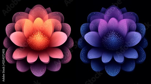 Two luminous fractal flowers bloom in vibrant hues