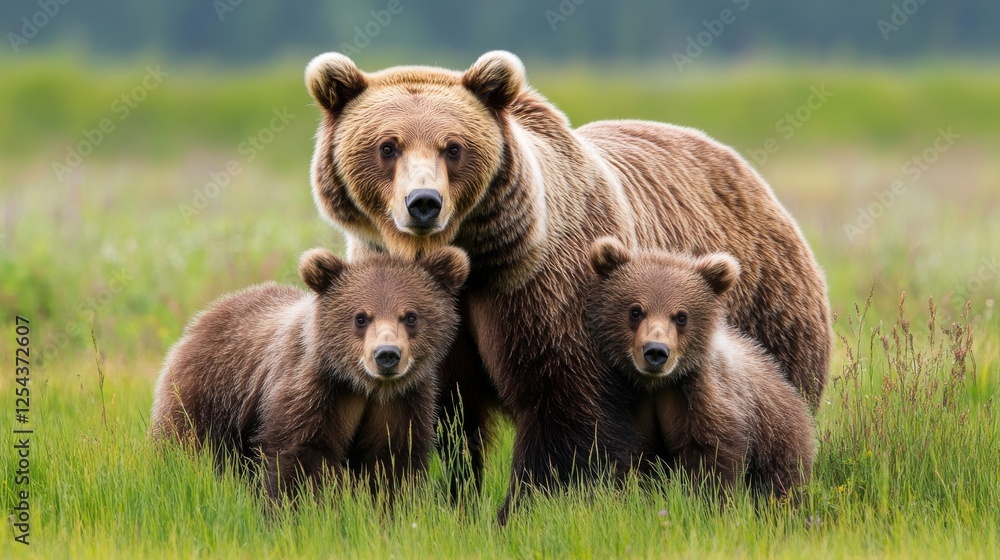 21.A beautiful family portrait of a female brown bear with two cubs, standing together in a grassy meadow. The cubs are cuddled close to their mother, with their soft, fluffy coats standing out 21.A beautiful family portrait of a female brown bear with two cubs, standing together in a grassy meadow. The cubs are cuddled close to their mother, with their soft, fluffy coats standing out