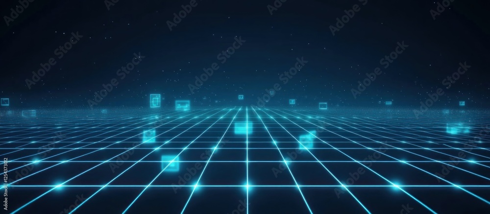 Obraz premium Digital Grid with Glowing Blue Lines and Scattered Data