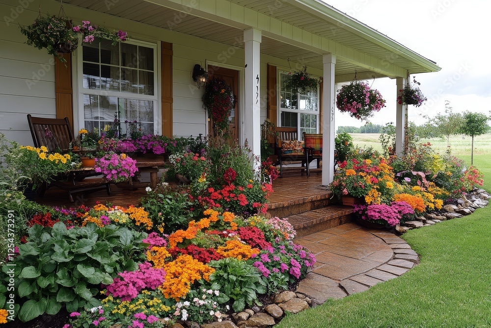 Fototapeta premium Beautiful home with colorful flower beds and lush green lawn in the front yard.