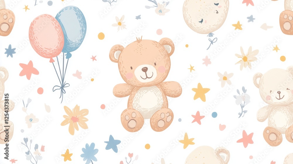 Fototapeta premium 71.A delightful seamless pattern showcasing hand-drawn teddy bears in various cute poses, accompanied by gentle pastel-colored elements like stars, balloons, and flowers. The soft design creates a
