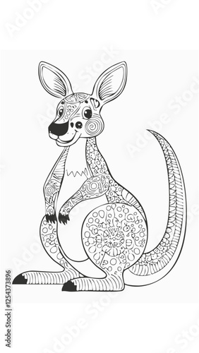 Cute Kangaroo Animal Mammal Coloring Kid Book Page in Black and White. Monochrome and Colored Samples
