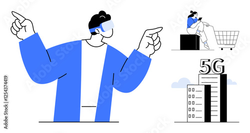 Man using VR headset while pointing, woman sitting on block shopping online with cart, 5G building. Ideal for technology, innovation, virtual reality, online shopping, connectivity, communication