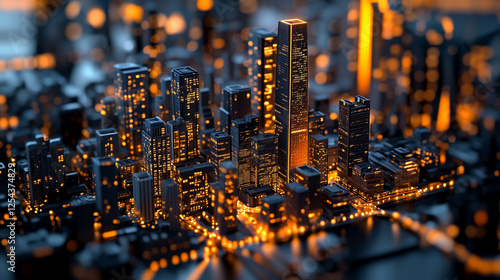 Night Cityscape Modern Architecture Illuminated Buildings Urban Skyline Digital Art 3D Dark Glow    