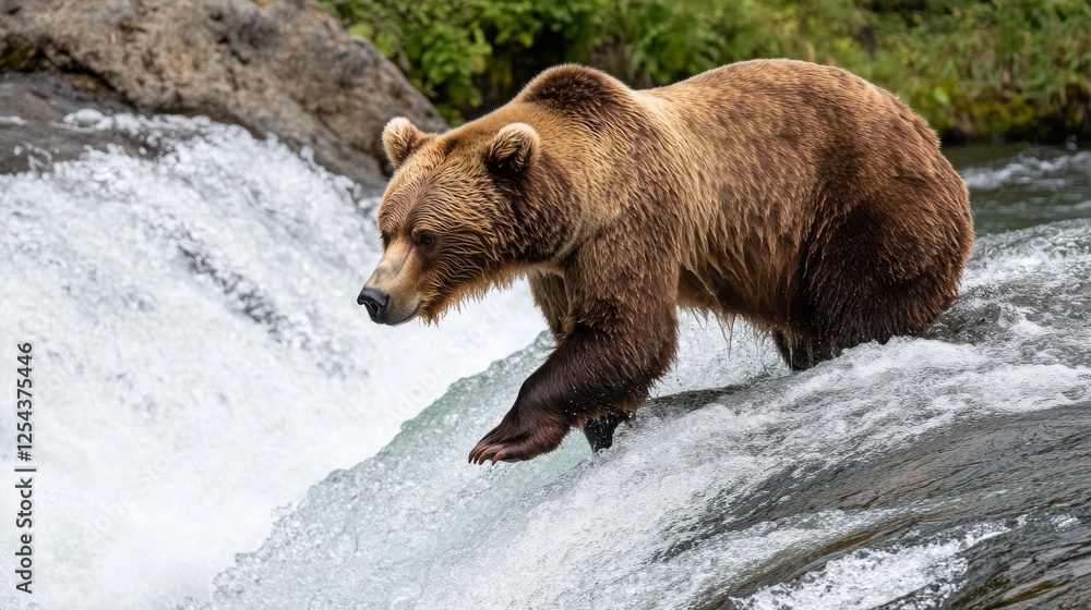 Fototapeta premium 42.A powerful adult brown bear at Brooks Falls, fishing for salmon in the cool Alaskan waters. The bear is caught mid-motion, paws extended in anticipation of the next leap of a salmon. The lush