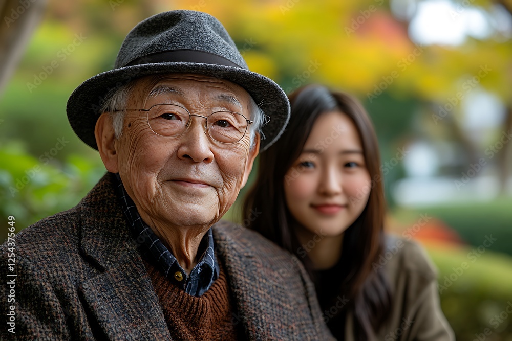 Elderly man in a hat smiling warmly with a young woman in a park surrounded by autumn foliage Elderly man in a hat smiling warmly with a young woman in a park surrounded by autumn foliage