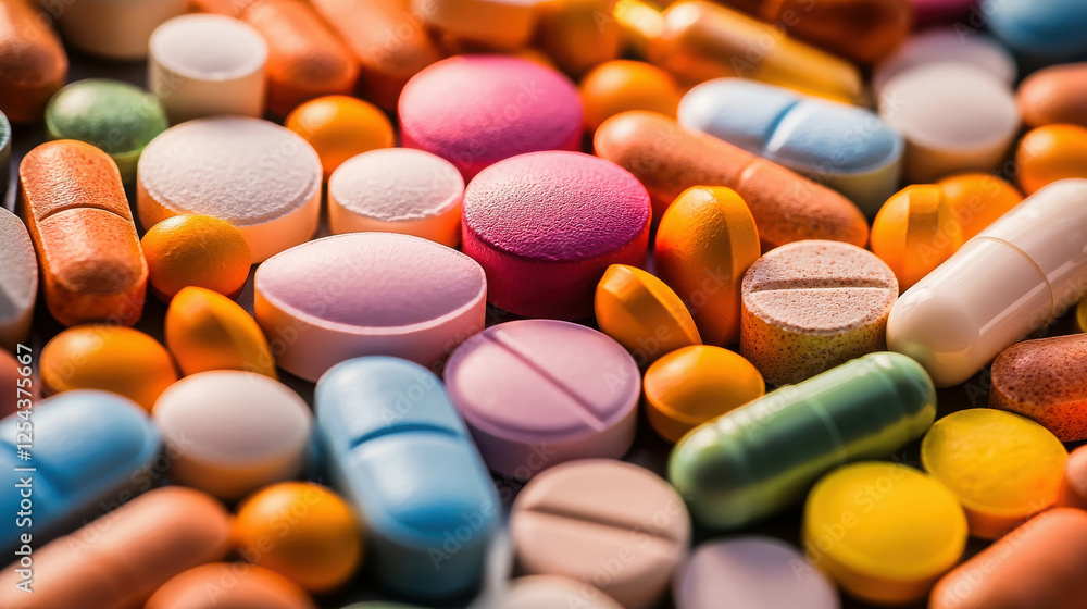 Vibrant Array of Colorful Pills and Tablets on a Surface for Health and Wellness Imagery Vibrant Array of Colorful Pills and Tablets on a Surface for Health and Wellness Imagery