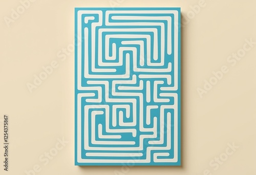ミニマルなパステル迷路ポスター - ライトベージュの背景に青と白の幾何学的なデザイン、落ち着いたスタイリッシュなインテリアのためのモダンなアートプリント

