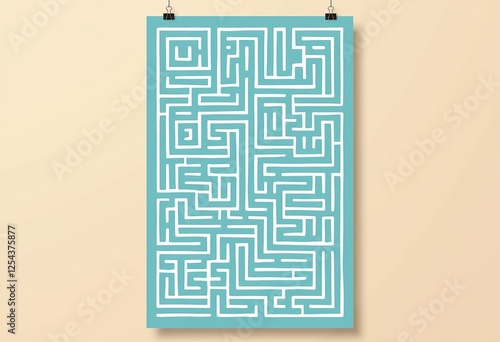 パステルブルーと白の迷路デザインポスター - ライトベージュの背景にミニマルな幾何学模様、モダンなインテリアと落ち着いた壁の芸術に

