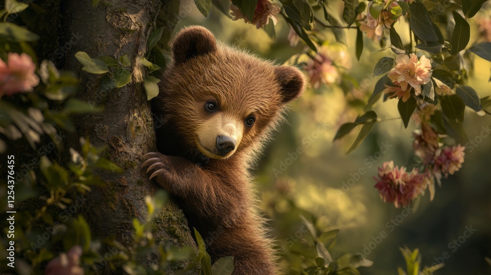 Obraz premium 54.A sweet brown bear cub, its fur soft and fluffy, cuddles up to a tree in a blossoming spring forest. The cubâ€™s expression is one of contentment as it stands surrounded by lush green leaves and