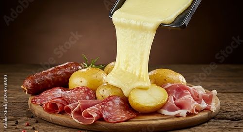 A raclette cheese melting over potatoes and charcuterie meats.