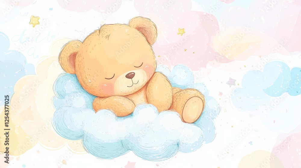 58.A hand-drawn vector illustration of an adorable teddy bear sleeping soundly on a fluffy white cloud. The bear has an endearing expression, with its eyes closed and paws curled up. Surrounding the 58.A hand-drawn vector illustration of an adorable teddy bear sleeping soundly on a fluffy white cloud. The bear has an endearing expression, with its eyes closed and paws curled up. Surrounding the