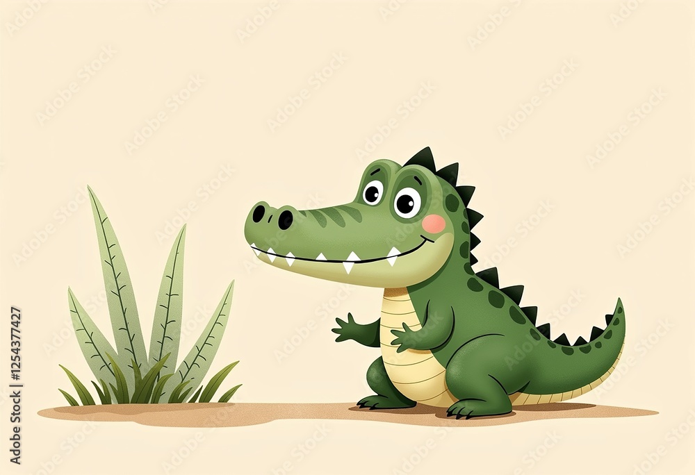 Obraz premium Neutral Crocodile Watercolor Illustration - Cute, Happy, and Minimalistic Design for Children's Books, Pale Beige Background, Whimsical and Charming Style.
