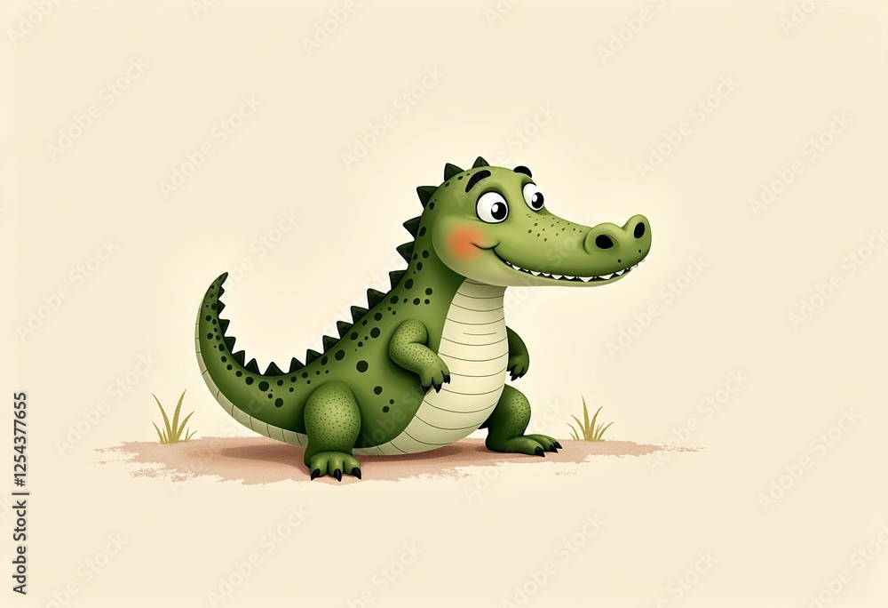 Naklejka premium Cute Happy Crocodile Watercolor Illustration - Neutral Muted Colors, Children's Book Style on Pale Beige Cream Background, Simple Minimalistic Whimsical Art.