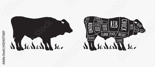 Cow silhouette and cut of beef vector on white background