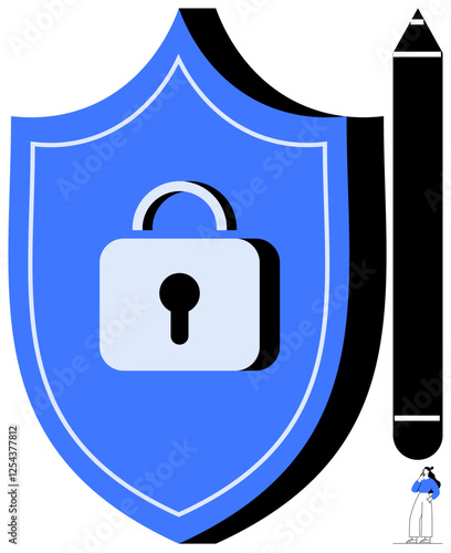 Blue shield with padlock symbolizes security while pencil represents creativity and ideas. Ideal for cybersecurity, data protection, creativity, education, innovation, design, intellectual property