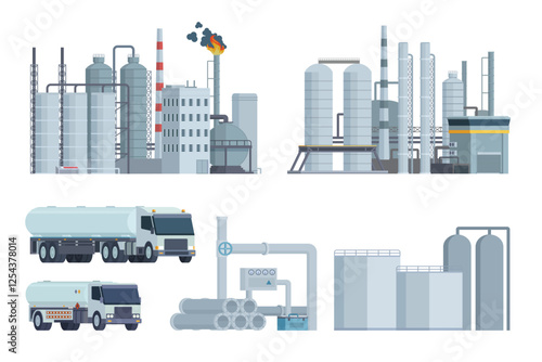 Oil refinery set or collection vector illustration. Editable chemical factory design with modular industrial elements