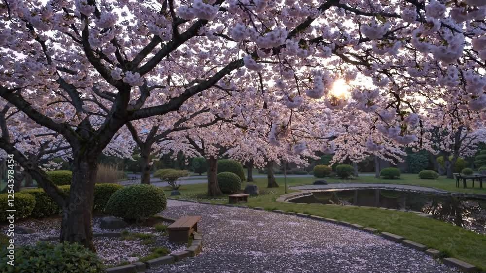 Serene Sunrise in a Japanese Garden with Blossoming Cherry Trees Serene Sunrise in a Japanese Garden with Blossoming Cherry Trees