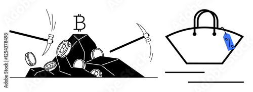 Pickaxes mining Bitcoins from rocks, juxtaposed with a luxury handbag with a price tag. Ideal for financial markets, digital currency, e-commerce, investment, wealth, consumerism, technology