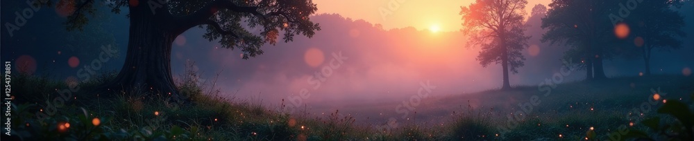 Fototapeta premium Glittering dawn lights illuminate a misty forest landscape, ambient sparkle, subtle shine, glittery dawn