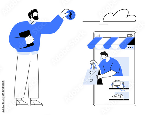 Man holding tablet and coin near online store on smartphone. Ideal for e-commerce, digital transactions, online shopping, mobile purchases, financial technology, consumer behavior, retail trends