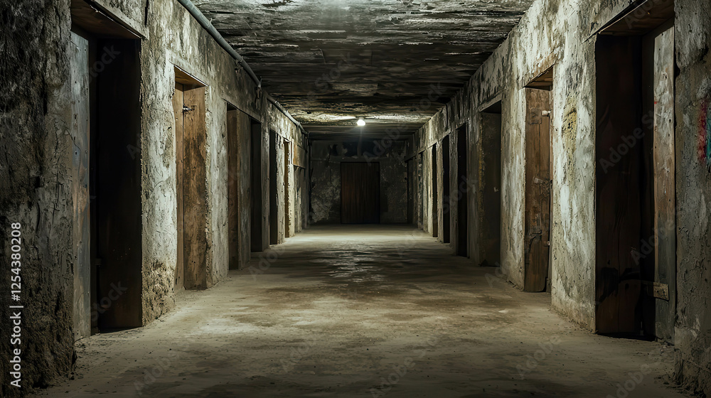 Dark Empty Underground Dungeon Hallway with Long Shadowy Corridor and Closed Doors Dark Empty Underground Dungeon Hallway with Long Shadowy Corridor and Closed Doors