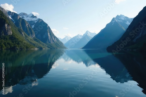 Wallpaper Mural Majestic fjord mountains mirrored in still lake water, reflective, dark Torontodigital.ca
