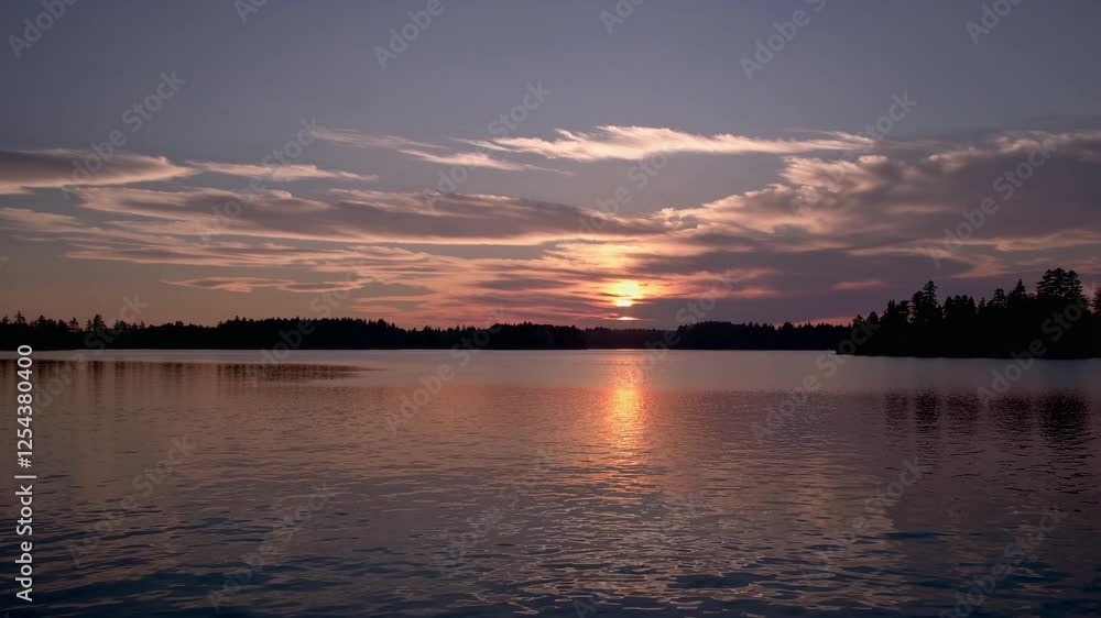 Serene Sunset Over a Calm Lake with Silhouetted Trees Serene Sunset Over a Calm Lake with Silhouetted Trees
