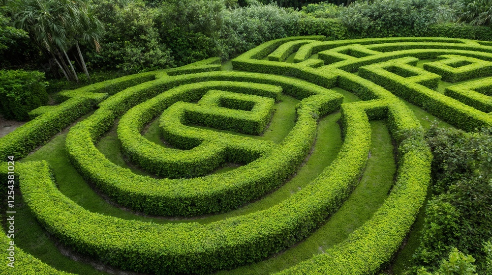 Aerial view of green garden maze pattern. Perfect for problem-solving, strategy, and life journey concepts. Aerial view of green garden maze pattern. Perfect for problem-solving, strategy, and life journey concepts.