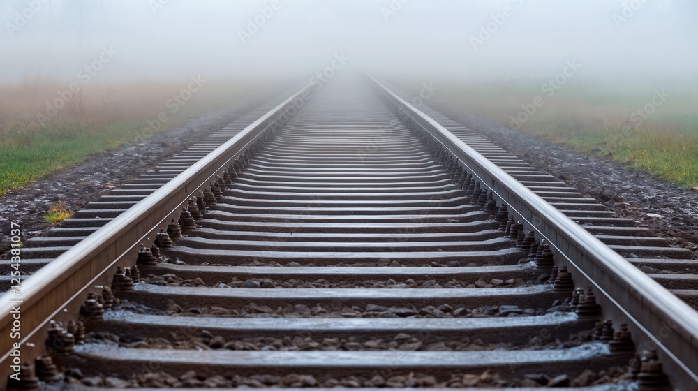 Fototapeta premium Railway tracks extending into misty horizon. Ideal for journey metaphors, future vision, and life direction concepts.