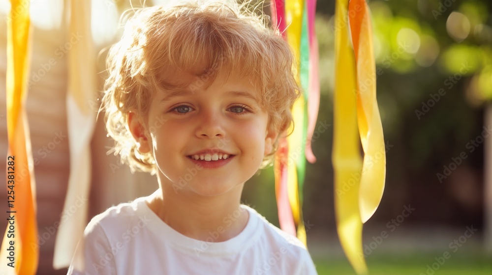 Happy young boy with colorful streamers in garden. Perfect for childhood joy, celebration, and carefree moments. Happy young boy with colorful streamers in garden. Perfect for childhood joy, celebration, and carefree moments.