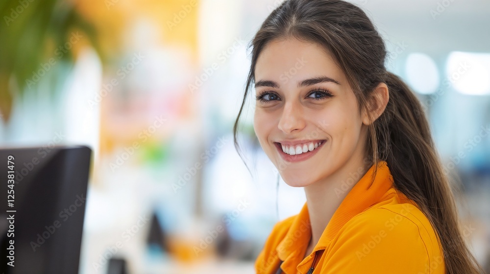 Fototapeta premium Young woman in orange shirt smiling brightly. Ideal for authentic happiness, youth lifestyle, and positive energy.