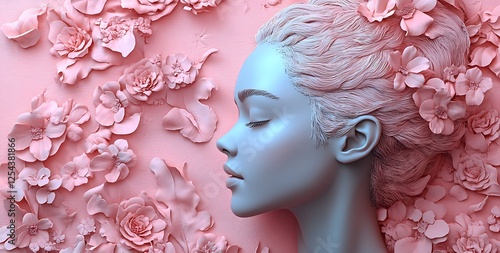 Blue Mannequin Head with Textured Pink Floral Background