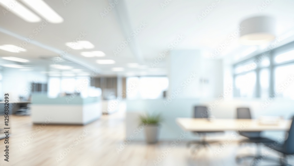 Blurred office interior meeting room with desks, chairs and monitors. Blurry working space with softly defocused effect. For background or backdrop use in business concept