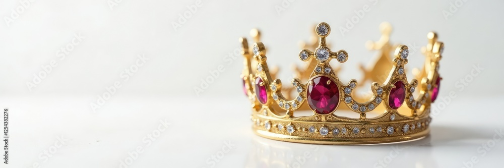 Obraz premium Regal crown adorned with sparkling gemstones on a pristine white background, glitter, golden, opulence
