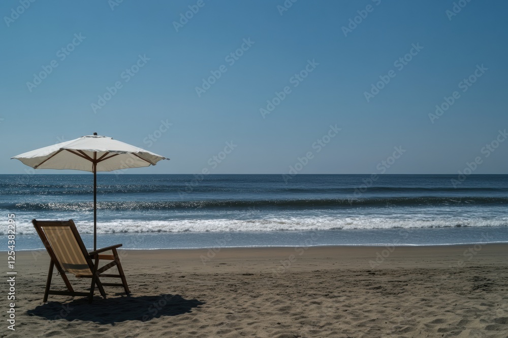 Relaxing beach retreat with lounge chair and umbrella overlooking calm waves under clear blue sky. Generative AI Relaxing beach retreat with lounge chair and umbrella overlooking calm waves under clear blue sky. Generative AI