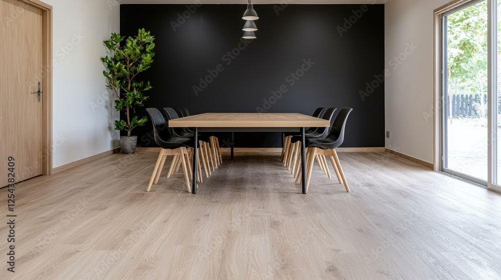 Fototapeta premium Modern Dining Room Interior, Spacious Room, Dark Wall, Wooden Floor