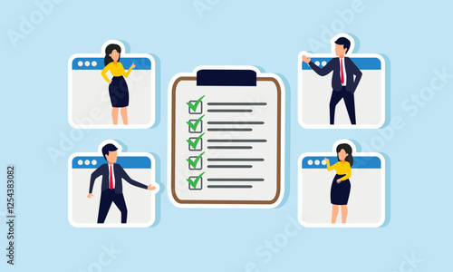 Several businessmen are on a platform discussing a job list board, illustration of an online meeting about a business job list