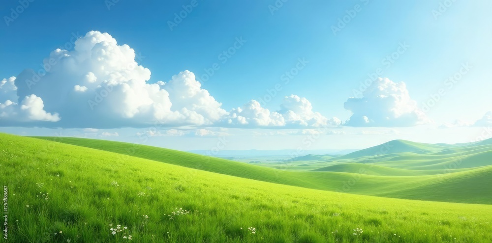 Obraz premium Soft white clouds float above steppe landscape, serene, spring, clouds