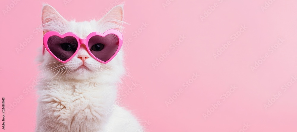 Fototapeta premium Adorable white cat wearing pink heart-shaped sunglasses against a pastel pink background perfect for Valentine’s Day themes pet-inspired projects and playful social media content