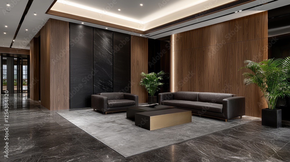 Fototapeta premium Modern luxury office lobby featuring dark leather sofas, wooden wall paneling, and marble flooring under warm recessed lighting.