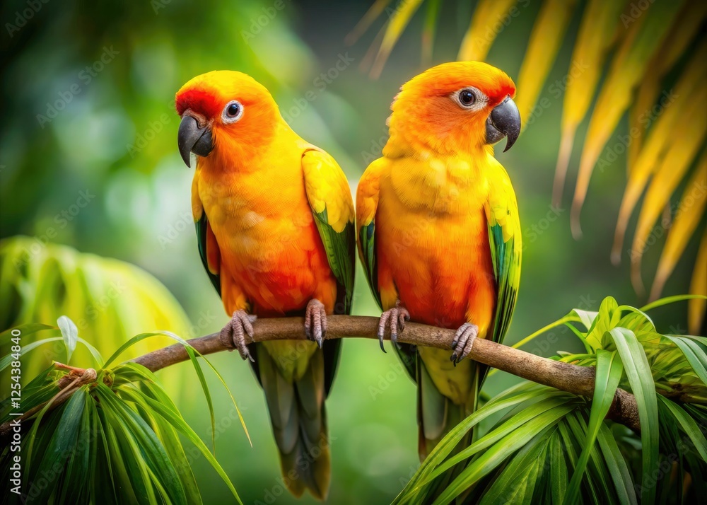 Fototapeta premium Golden parakeets perch gracefully on a branch, a vibrant AI-generated portrait.