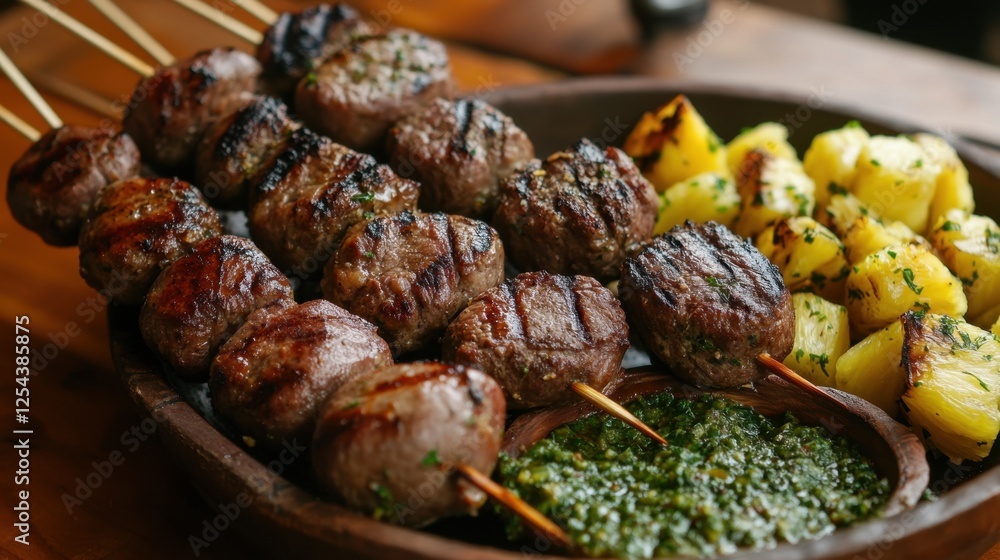 A Brazilian-style churrasco barbecue with skewers of perfectly grilled picanha beef, sausages, and chicken wings A Brazilian-style churrasco barbecue with skewers of perfectly grilled picanha beef, sausages, and chicken wings