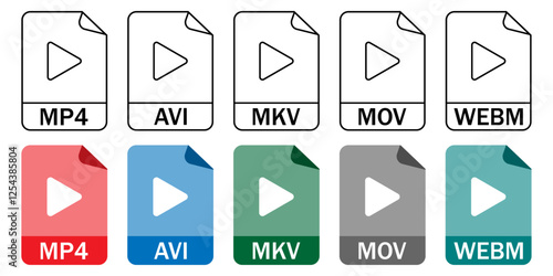 Set of video file format icons (MP4, AVI, MKV, MOV, WEBM) in outline and color styles. Ideal for video editing, media apps, and digital projects.