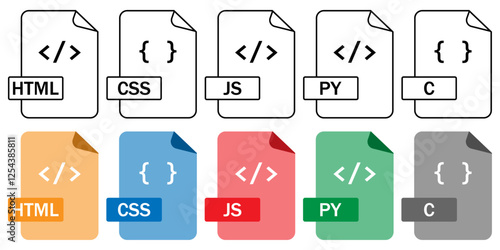 Collection of programming file format icons (HTML, CSS, JS, PY, C) in outline and color styles. Perfect for coding, web design, and development projects.